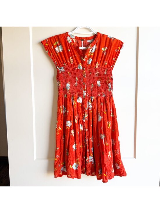 Free People Dresses & Skirts - Free People Womens Red Orange Floral Button Front Smocked Waist Rayon Dress XS